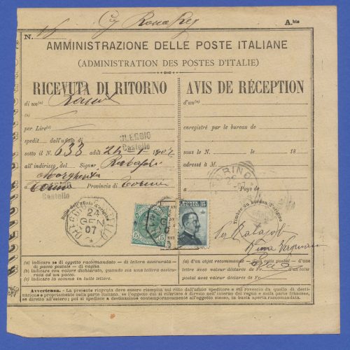 Storia Postale ricevuta di ritorno 1907 Oleggio Castello Torino