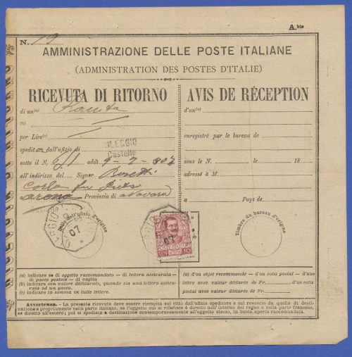 Storia Postale Ricevuta di ritorno 1907 da Oleggio castello ad Arona