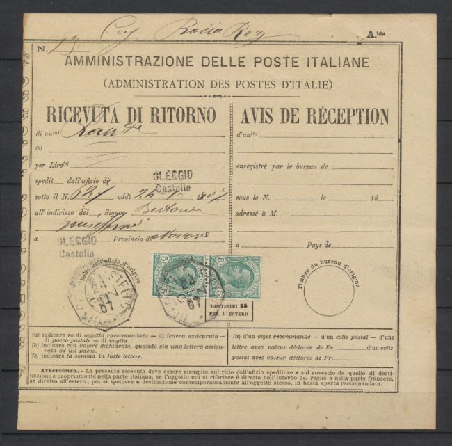 Storia Postale Italia Regno Ricevuta di ritorno 1907 da Oleggio ...