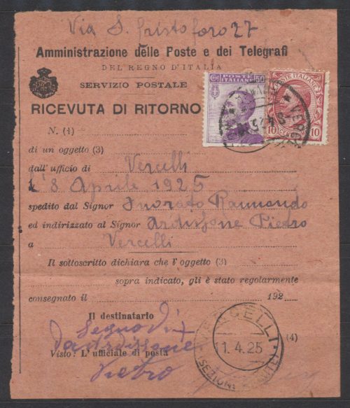 Storia Postale ricevuta di ritorno 1925 da Vercelli a Vercelli