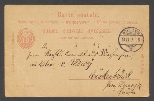 Svizzera Storia Postale Cartolina Postale da 10c da Interlaken a Quakenbrück (D) 1892