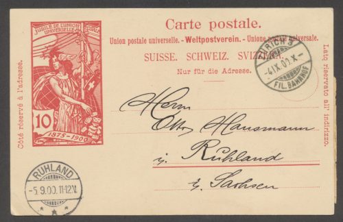 Svizzera Storia Postale Cartolina Postale da 10c UPU da Zurich (Ch) a Ruhland (D) 1900