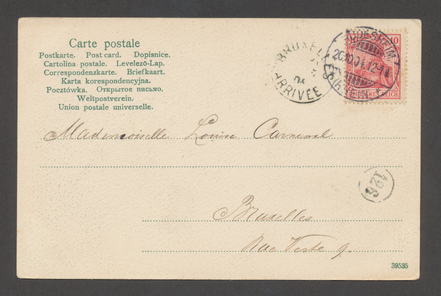 Germania Storia Postale Cartolina da Rudesheim am Rhein - Das Niederwalddenkmal (D) a Bruxelles (B) 1904 Timbri Germania Storia Postale Cartolina da Rudesheim am Rhein - Das Niederwalddenkmal (D) a Bruxelles (B) 1904 Timbri