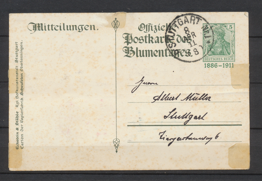 Germania Storia Postale Cartolina Postale privata da Stoccarda (D) a Stoccarda (D) 08.04.1911 FDC Timbri Germania Storia Postale Cartolina Postale privata da Stoccarda (D) a Stoccarda (D) 08.04.1911 FDC Timbri